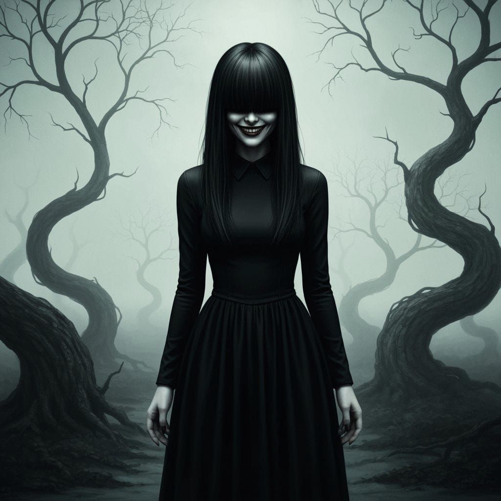 Gothic Girl with Sinister Grin in Dystopian Landscape