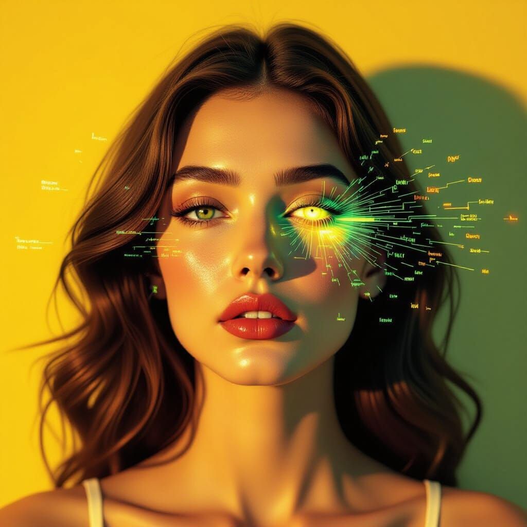 Surreal Woman's Face as Yellow Audio Transmission