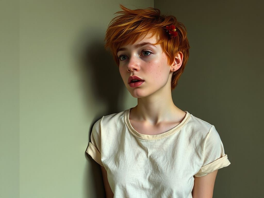 tiger lily young ginger hair freckled cross-eyed woman grunge couture tshirt messy pixie hair shy standing tongue tied i...