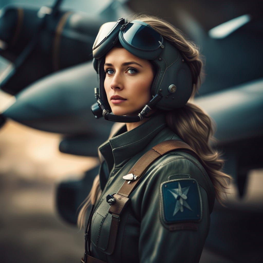 Female Fighter Pilot in Uniform with Plane