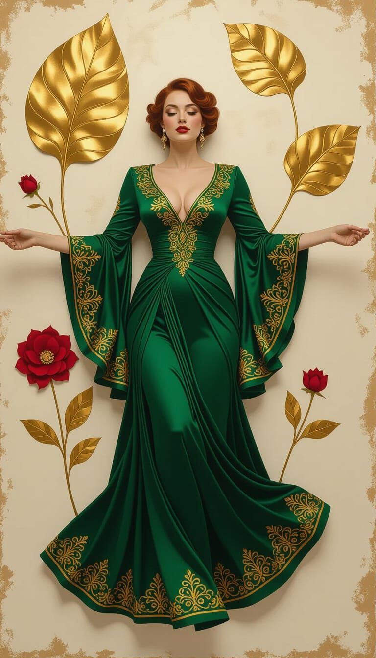 Ethereal Woman in Emerald Gown: Hyper-Realistic Fine Art