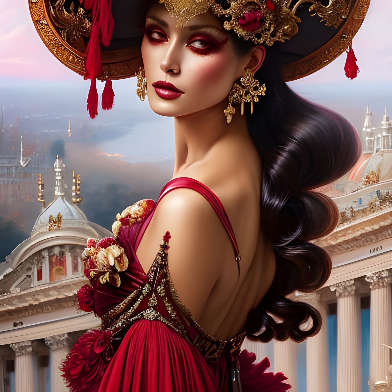 Elegant Woman in Ruby Dress, Rococo Portrait