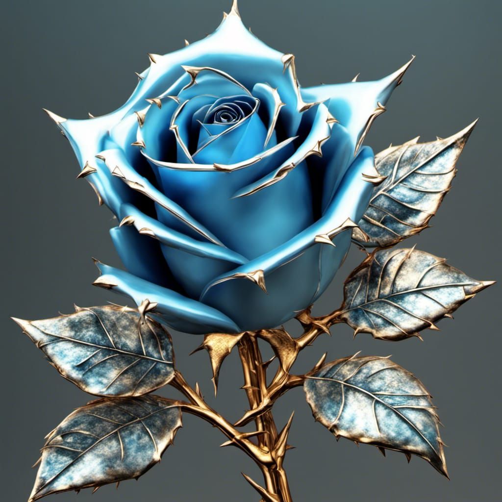 Blue Topaz Rose with Silver and Gold: Hyperrealistic