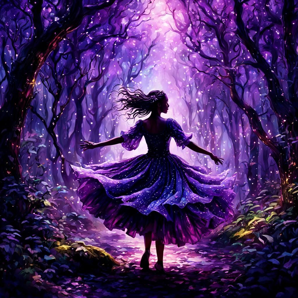 Woman Dancing in Purple Forest: Watercolor Digital Painting