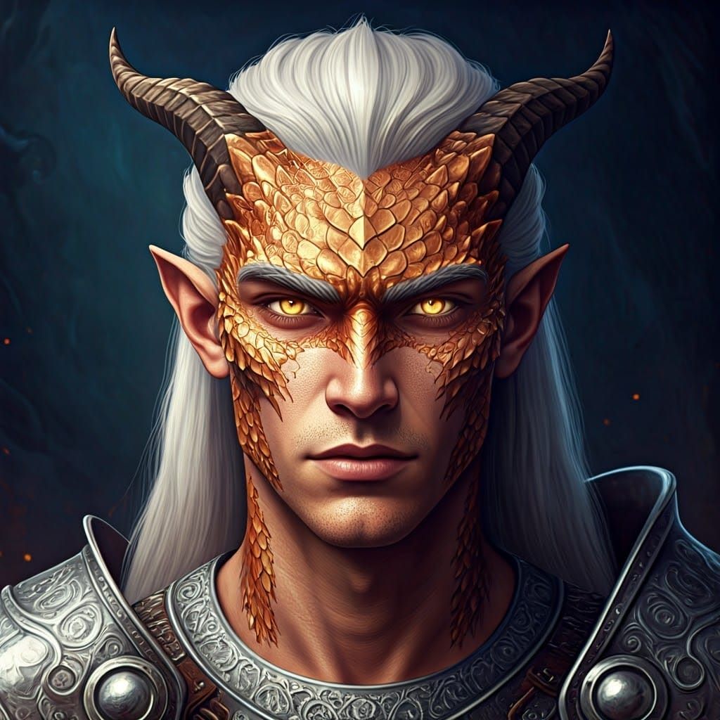 Fantastical Warrior with Bronze Dragon Scales and Golden Eye...