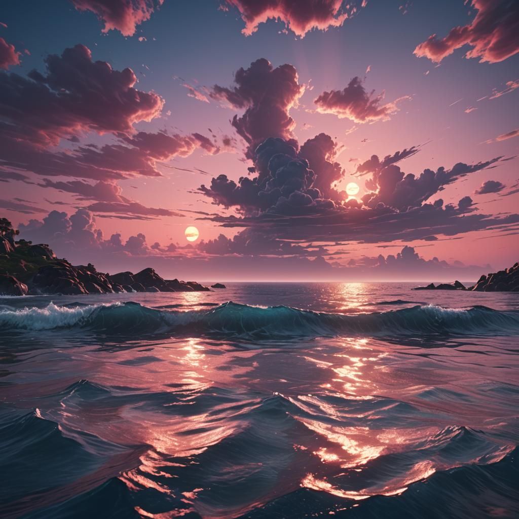 Pink and Blue Sunset Sea: Fantasy Concept Art
