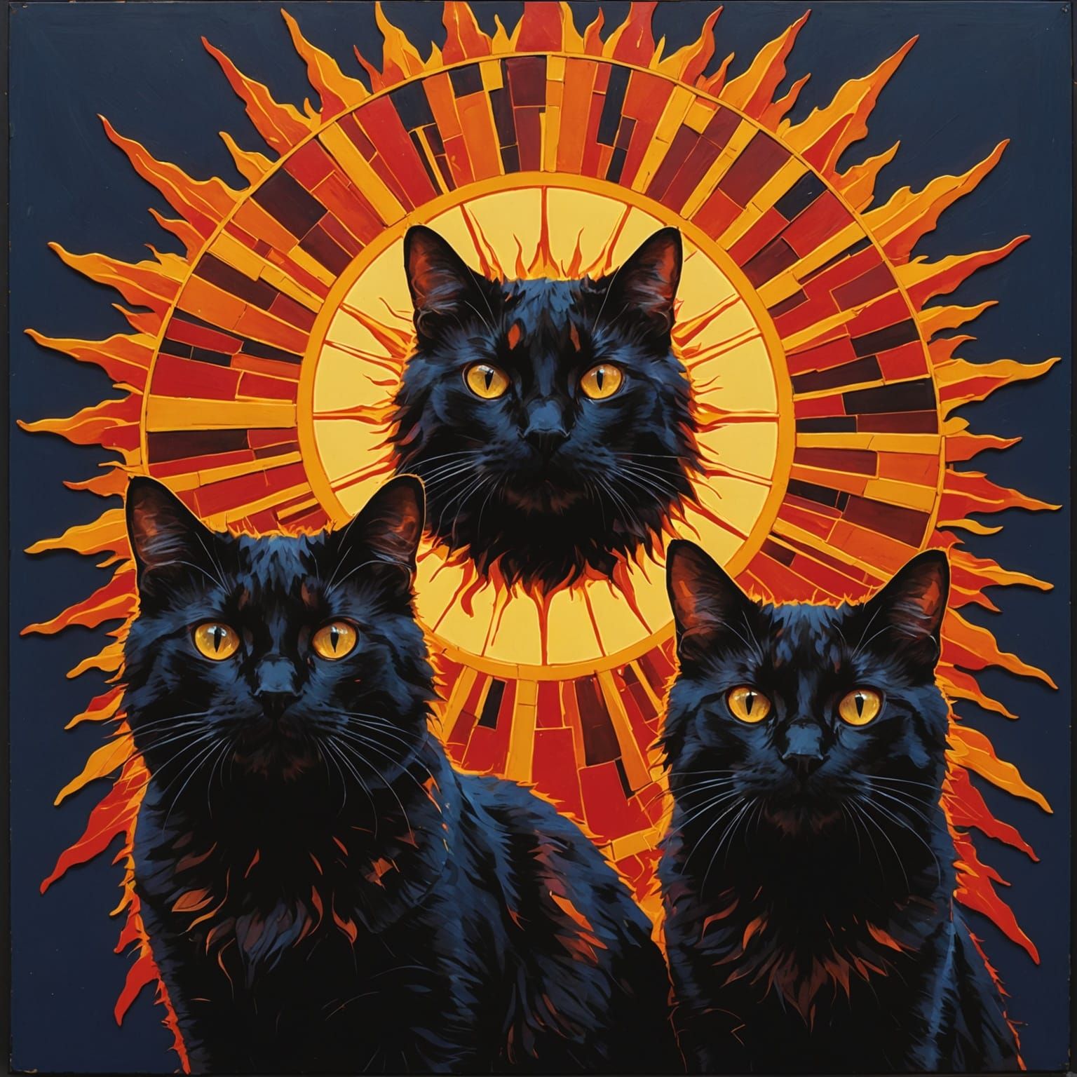 Black Cat and Sun Triptych in Graffiti Art Style