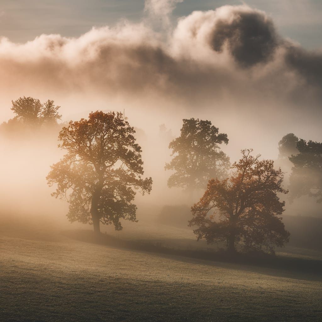 Autumnal Trees Emerge from Mist in Rural Landscape