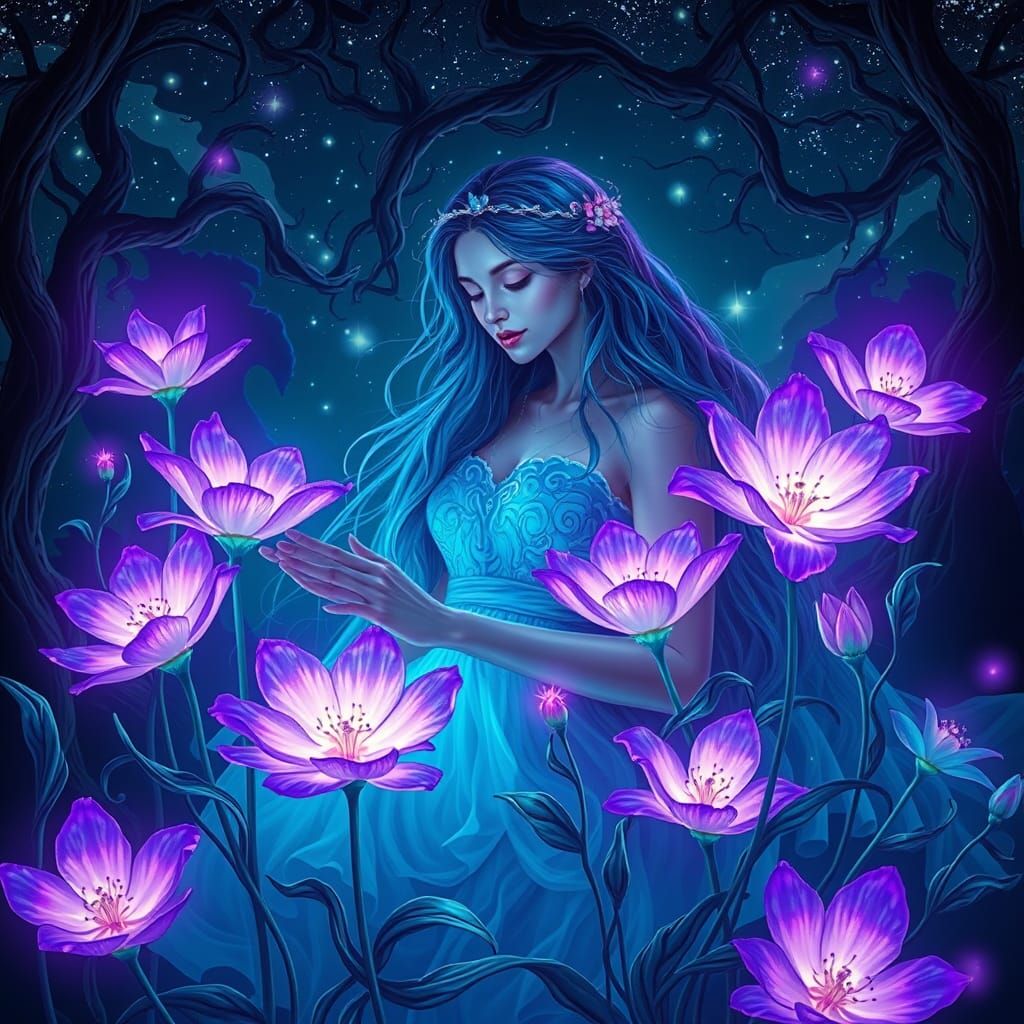 Whimsical Goddess Amidst Glowing Blooms in Twilight Realm