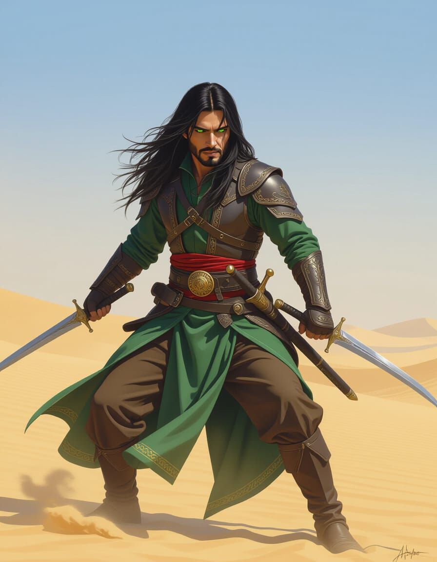 Medieval Persian Assassin in Desert: Dynamic Fighting Pose