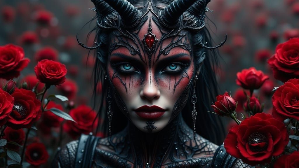 Fanged Demoness in Gothic Roses, Hyperrealistic Style