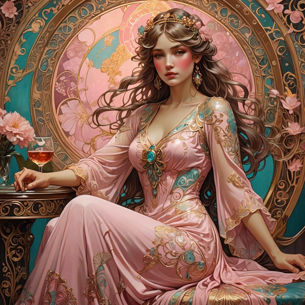 Art Nouveau Woman at Bar, Alfons Mucha Style