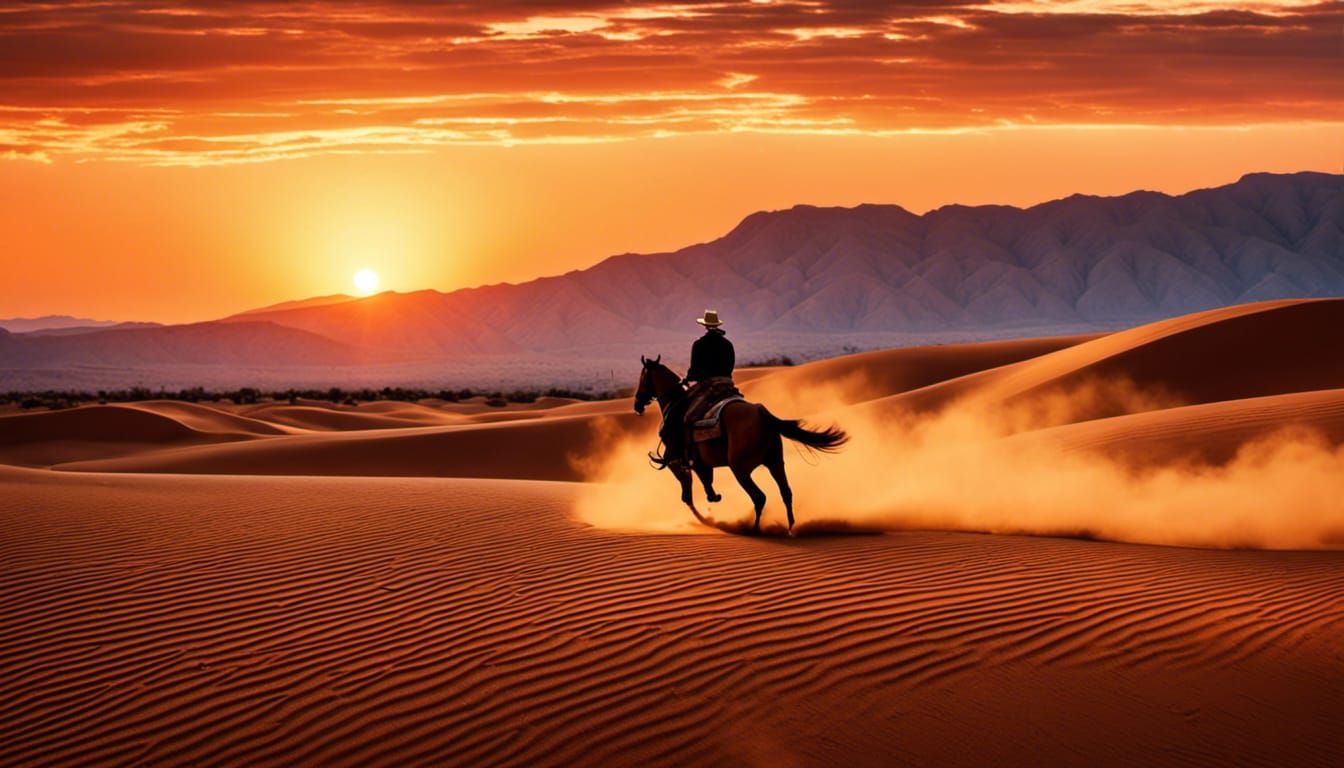 Cowboy on Sand Horse Races Sunrise: Synthwave Art