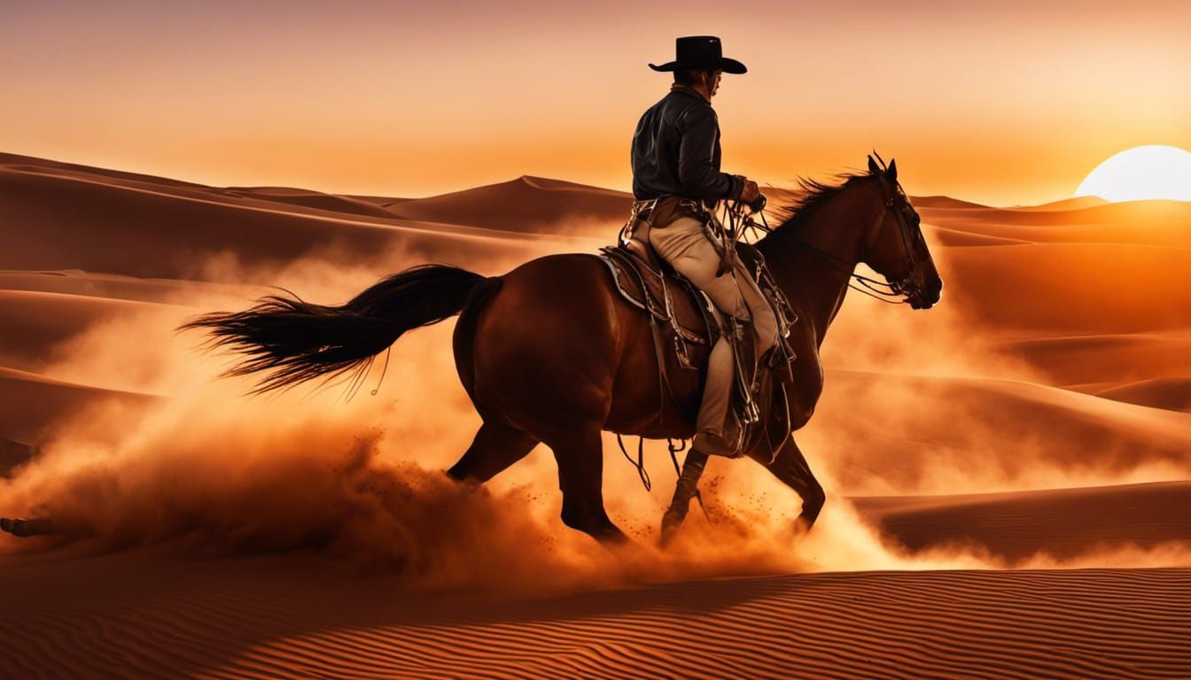 Cowboy Rides Sand Horse at Synthwave Sunrise