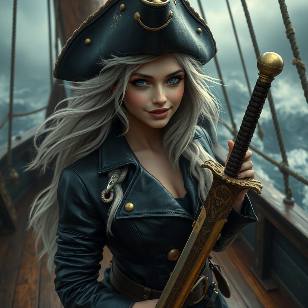 Ethereal Pirate Woman on Stormy Seas
