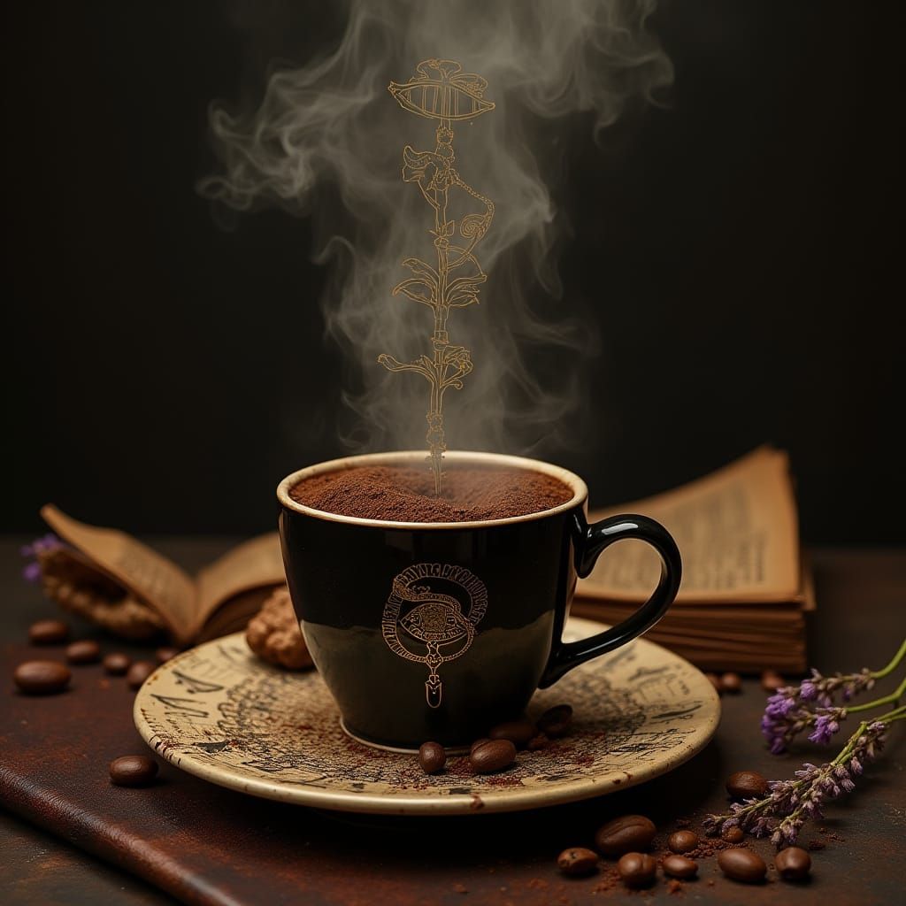 Surreal Turkish Coffee Cup with Fortune Symbols and Ethereal...