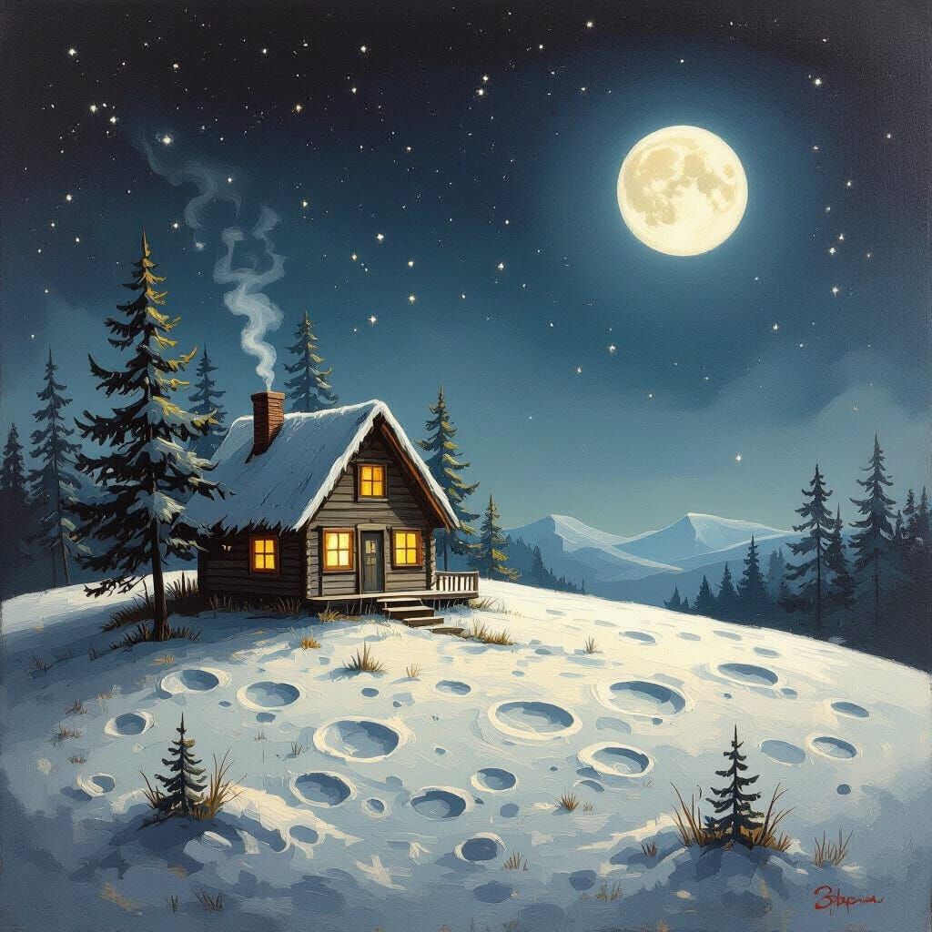 Whimsical Moon Cabin in Bob Ross Style