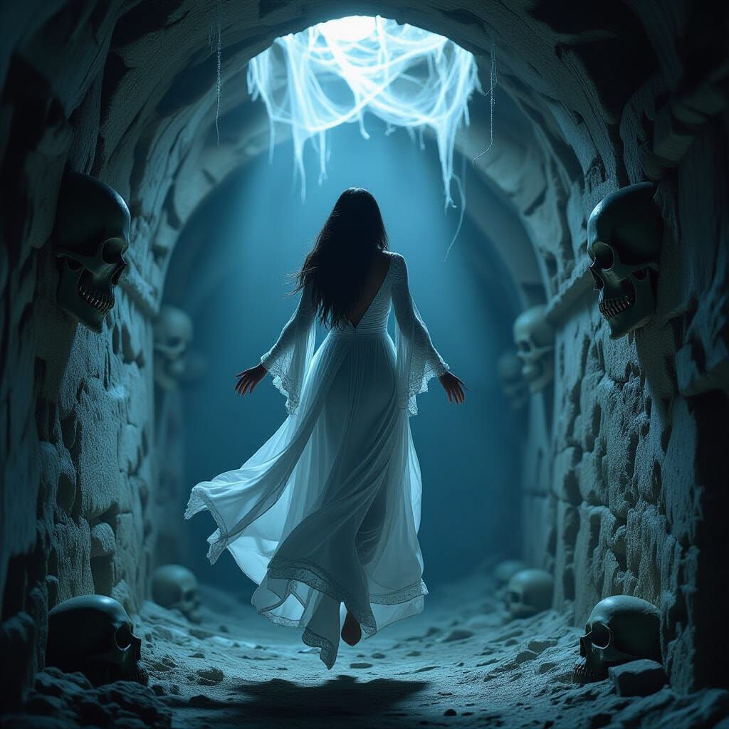 Ethereal Ghost Woman Levitating in Cobweb Catacomb