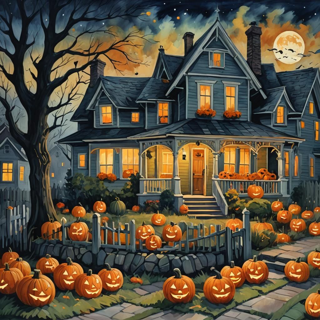 Jack-o'-Lanterns in Impressionist Gouache Style