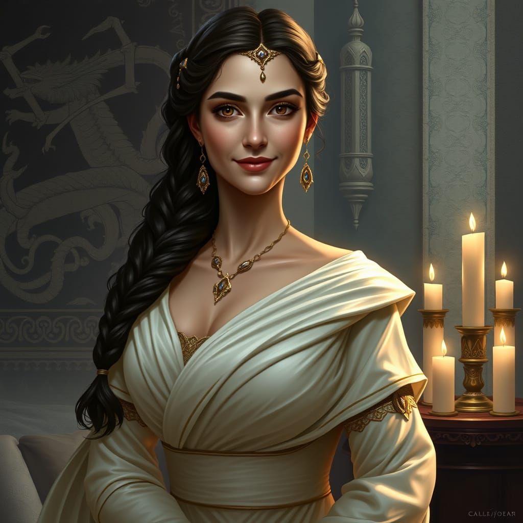 Elegant Imperial Aristocrat with Golden Gowns and Regal Atti...