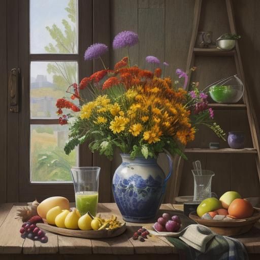 Vibrant Still Life Painting with Musician and Fruits