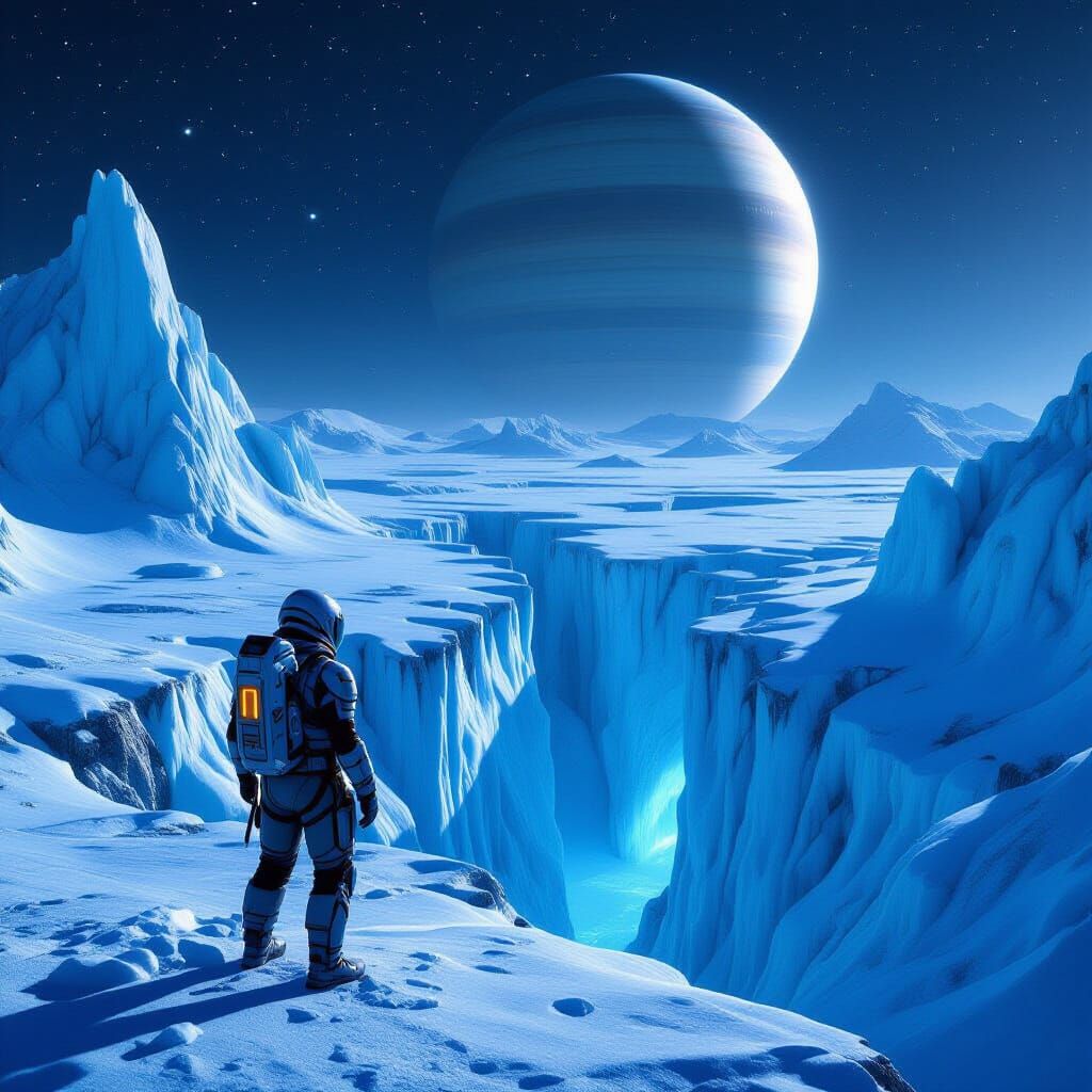 Explorer on Alien Ice Planet Edge in 3D Game Style