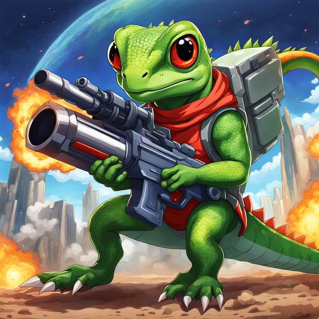Lizard Person with Rocket Launcher in Anime Style