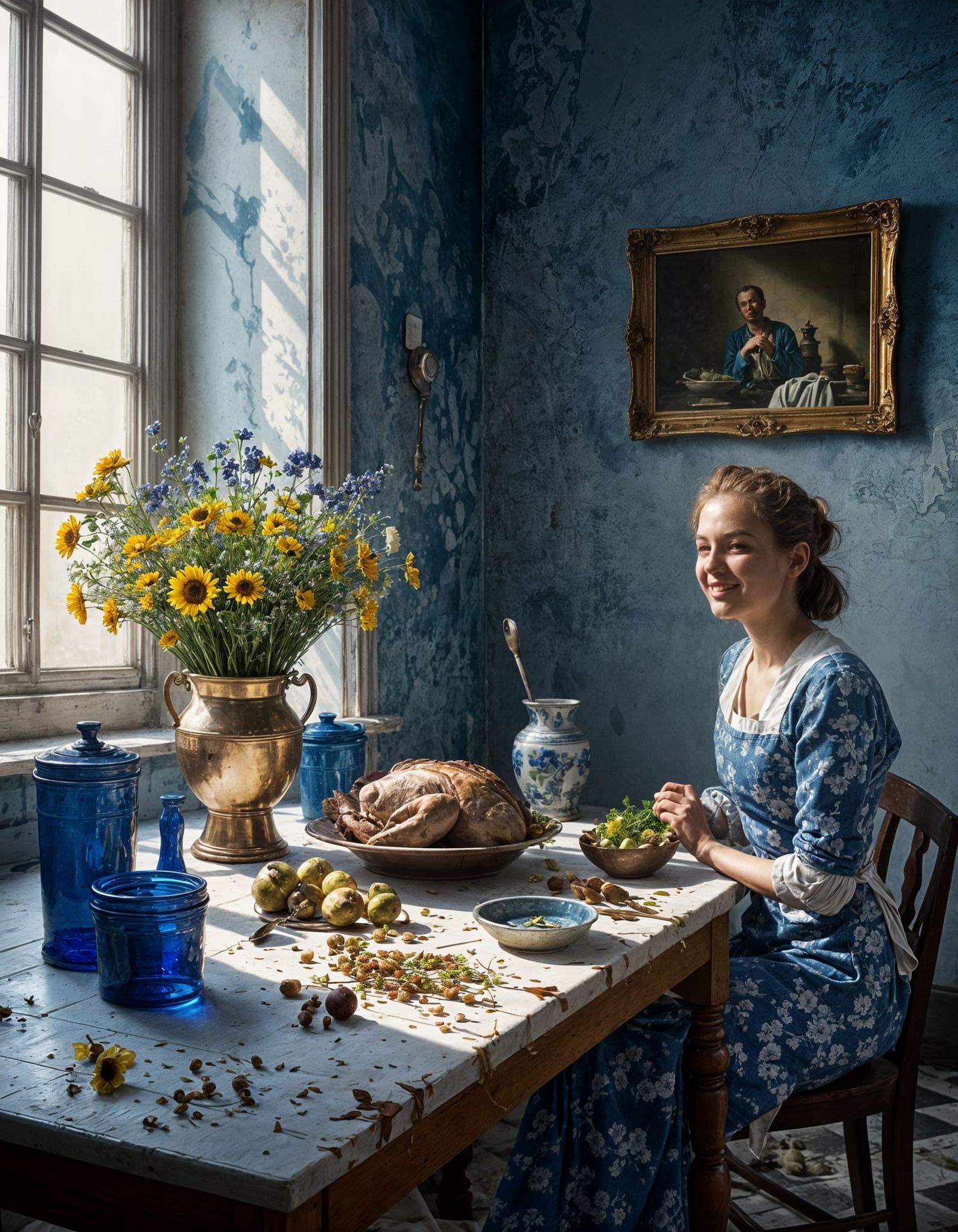 Hyperrealist Butcher's Table with Flowers in Magical Light