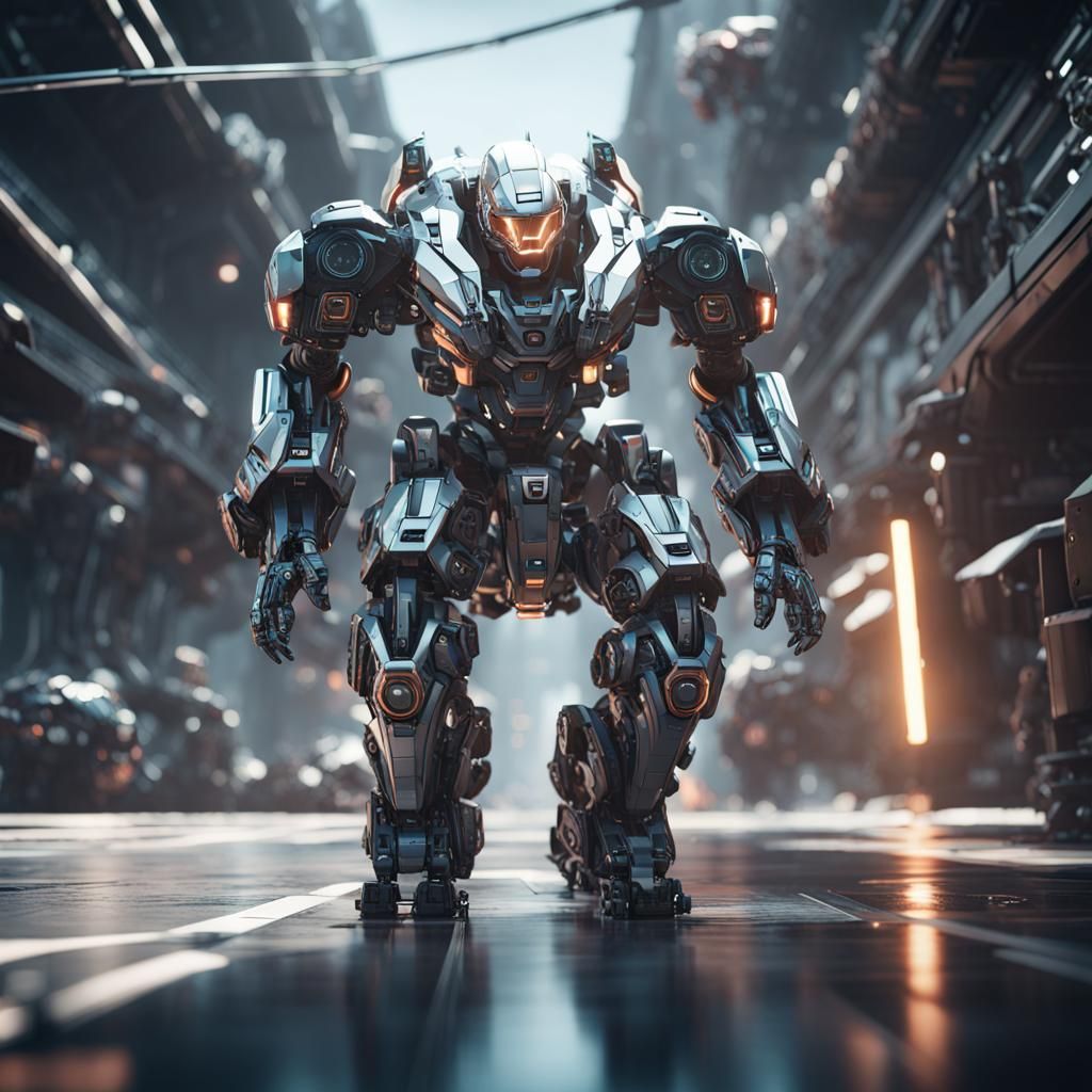 Man Driving Mech Suit in Futuristic Sci-Fi Style