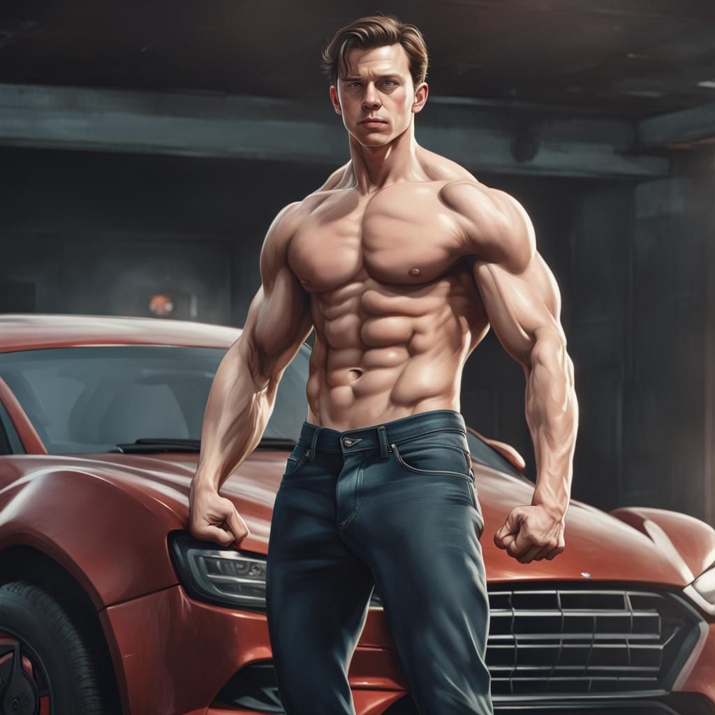 Hyperrealistic Image: Extremely Muscular Man Lifting Car