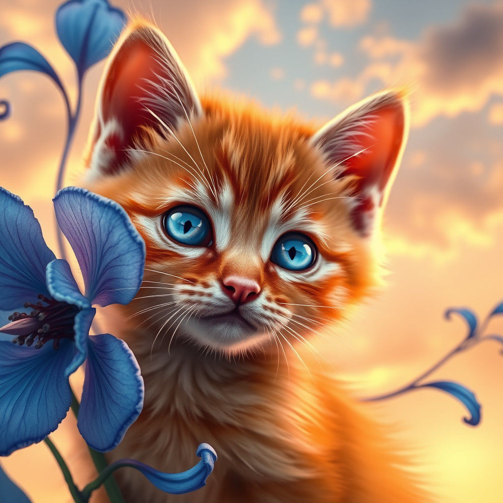 Orange Kitten in Blue Flower, Detailed Matte Painting