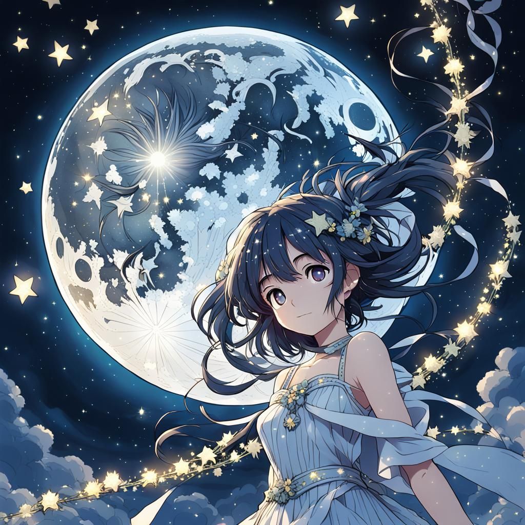 Moon with Garland of Stars in Anime Style