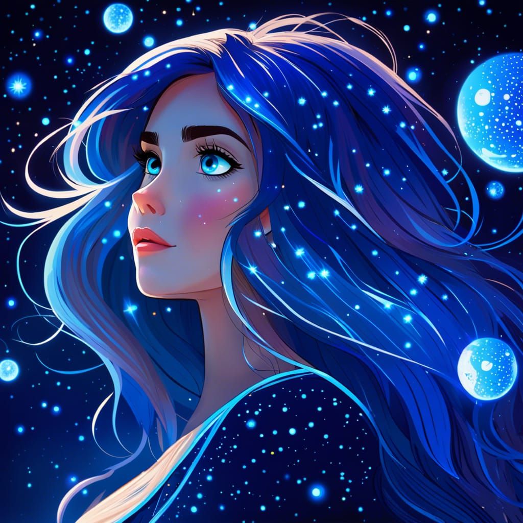 Anime Woman in Blue Starry Night