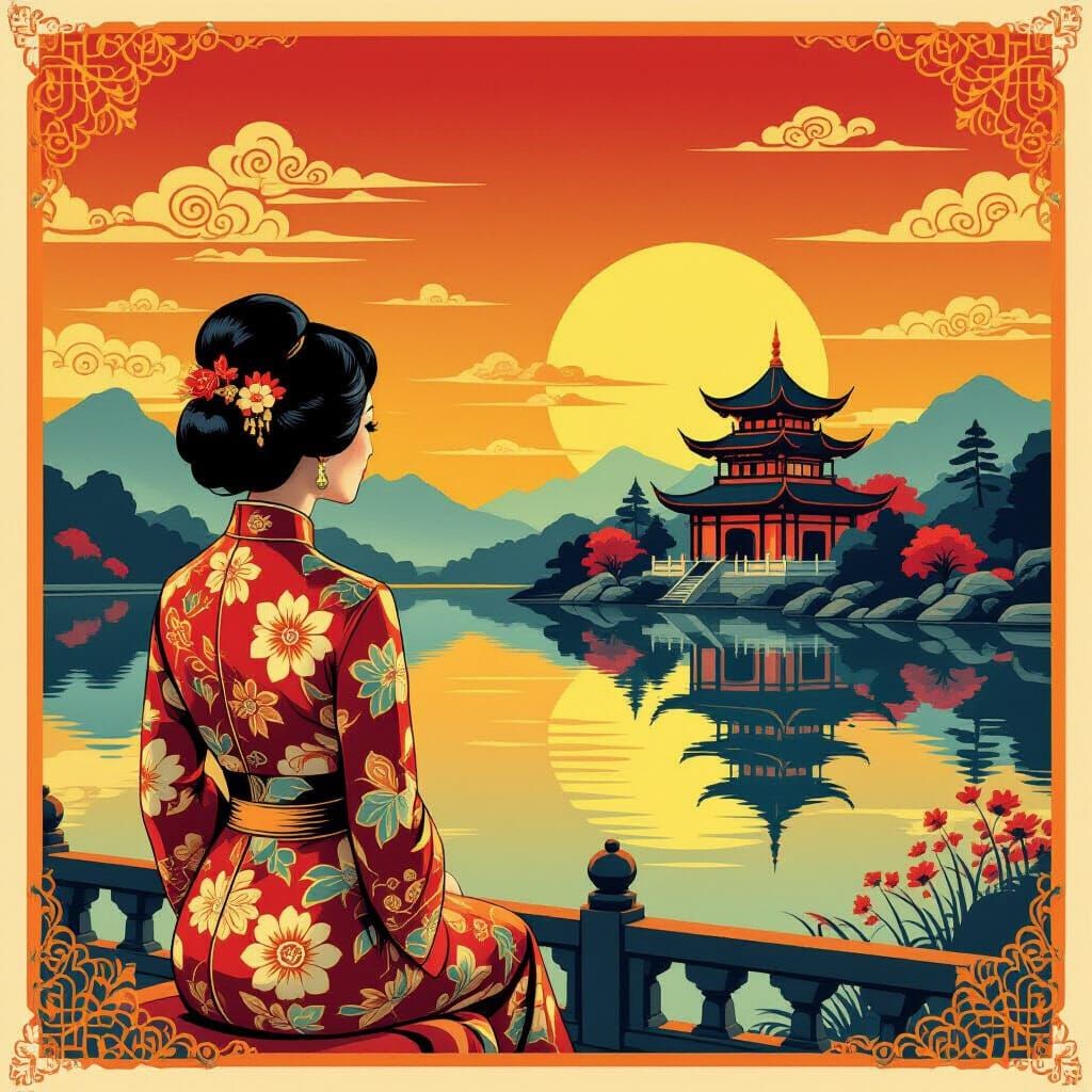 Woman in Floral Cheongsam by Tranquil Lake at Sunset