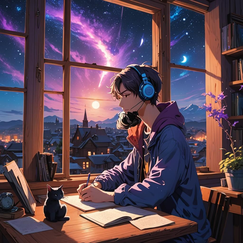 Lofi Boy Studying at Night in 3D Anime Art