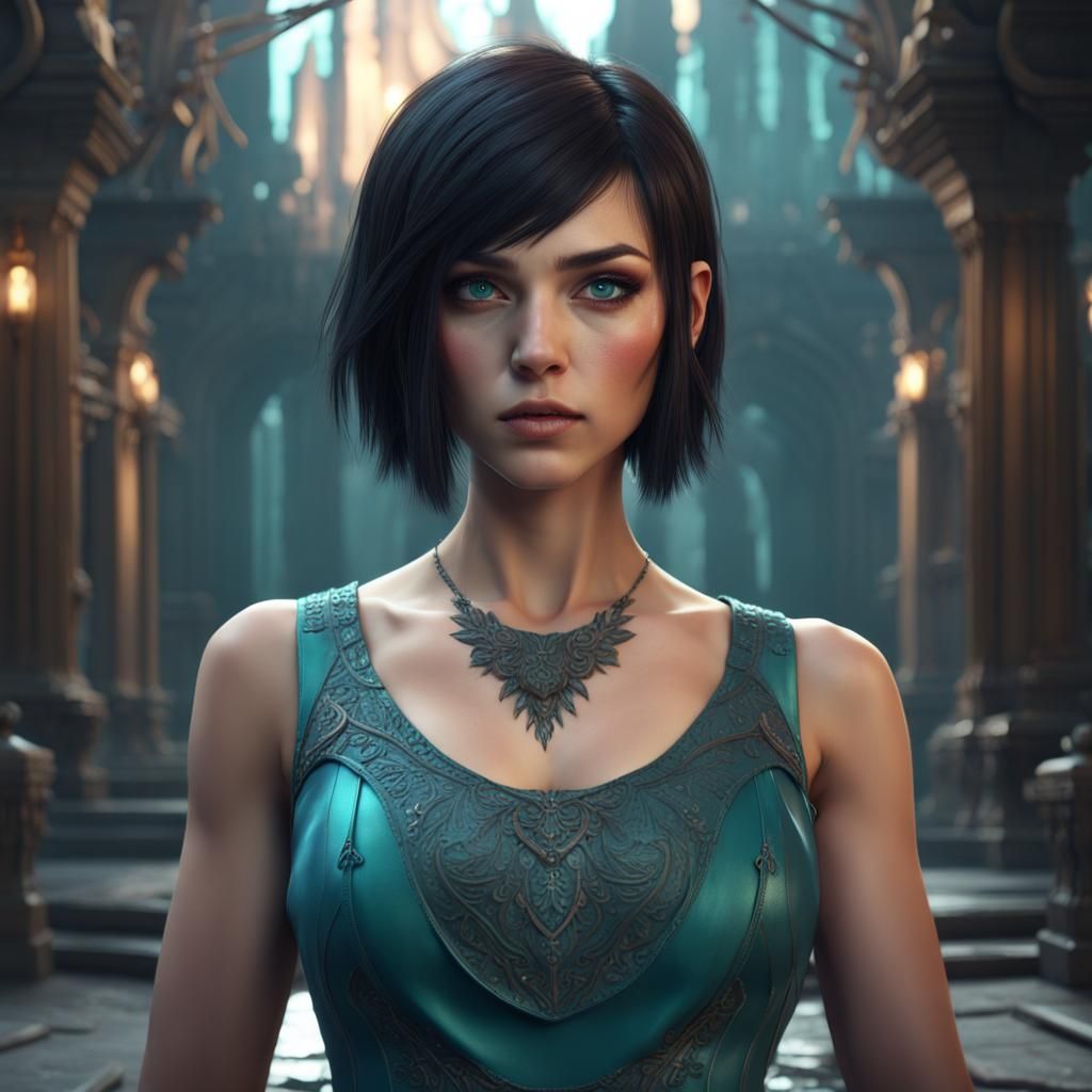 Dark-Haired Girl with Teal Eyes: Fantasy Concept Art