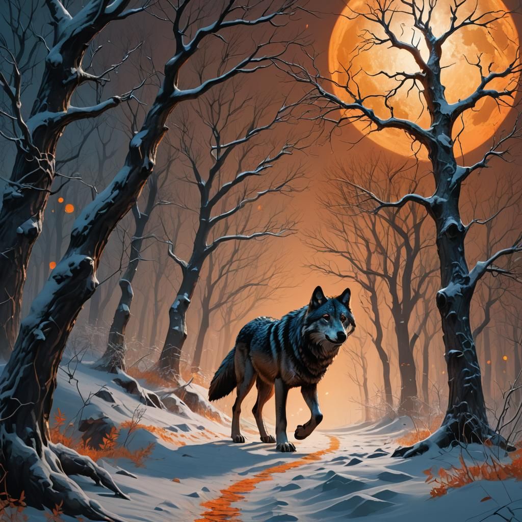 Wolf Silhouette Under Orange Moon in Digital Painting