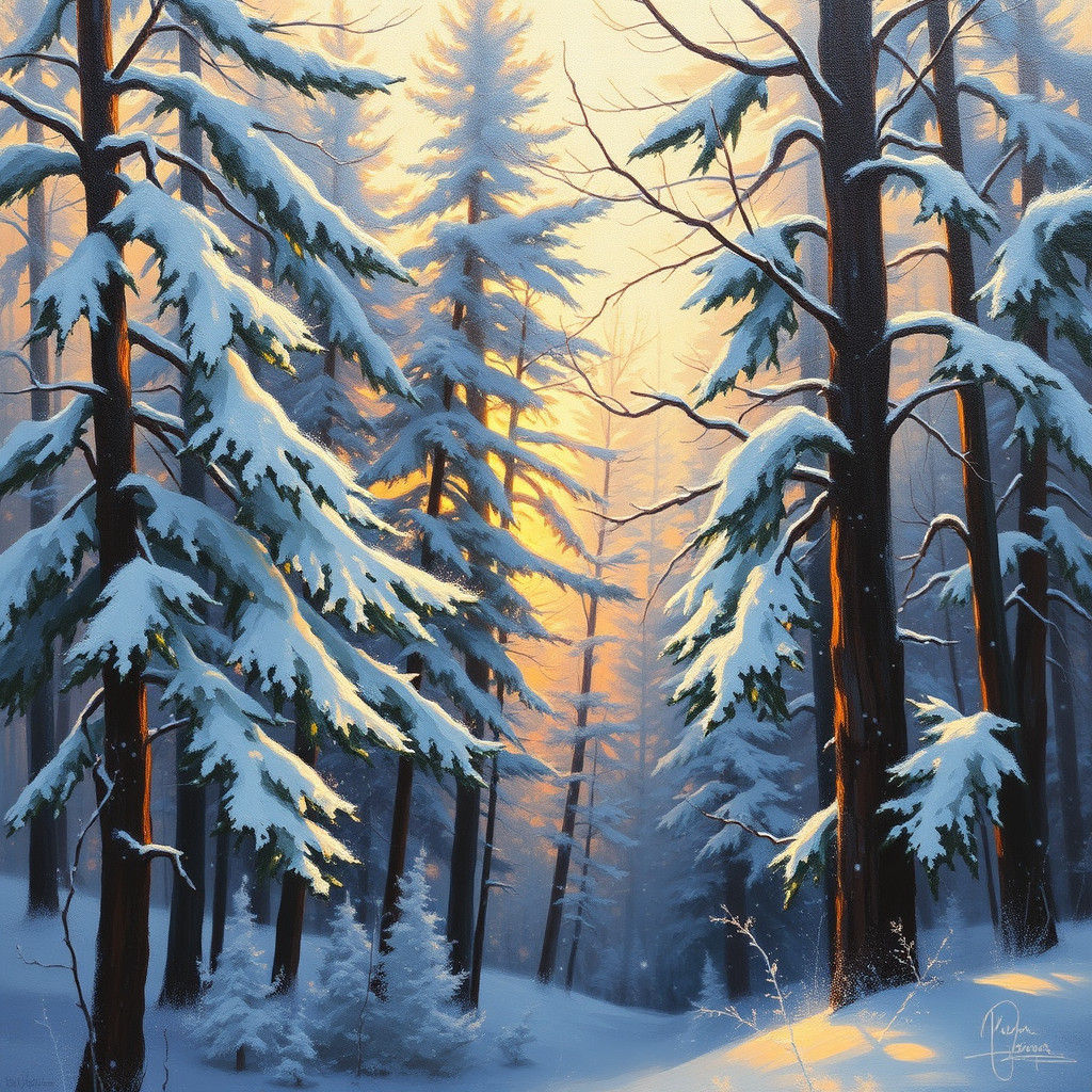 Snowy Forest Oil Painting in Impressionist Style