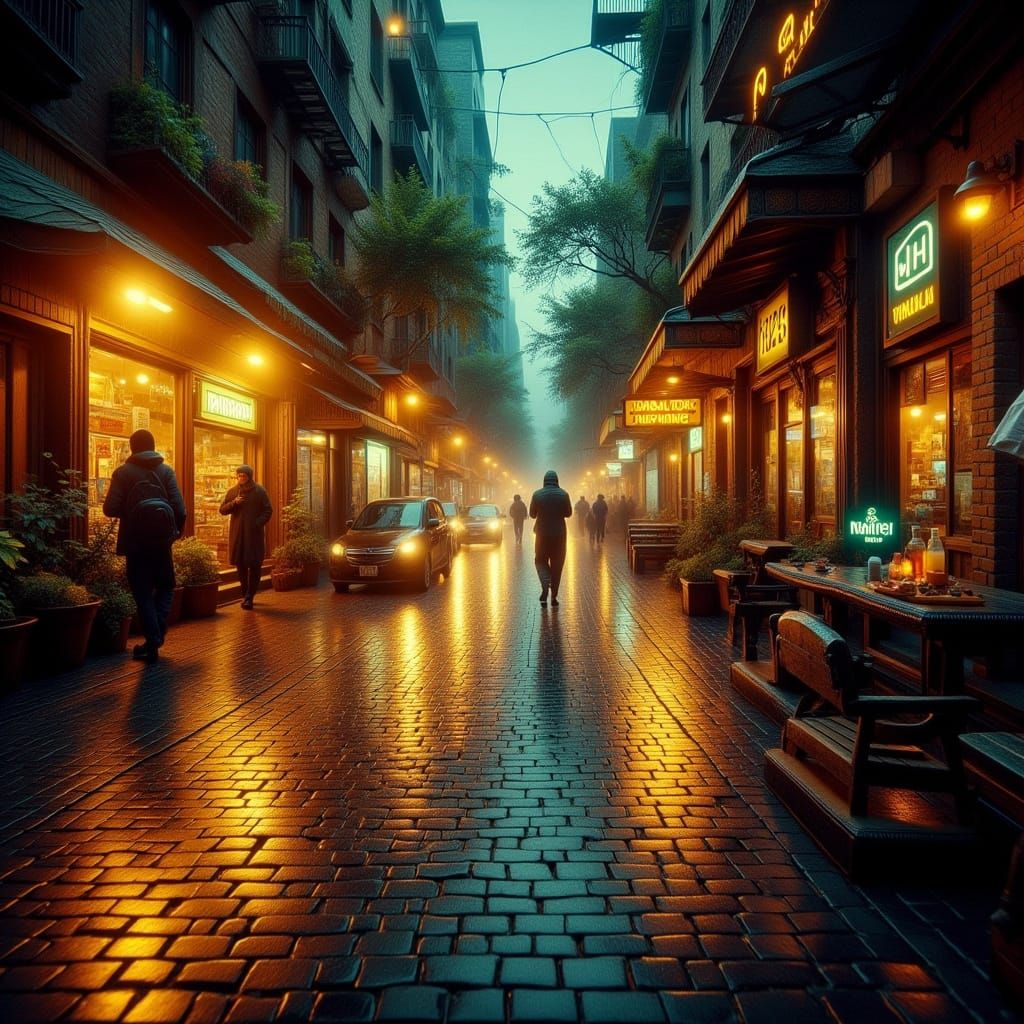 City Street Shimmers after Rain in Film Noir Style