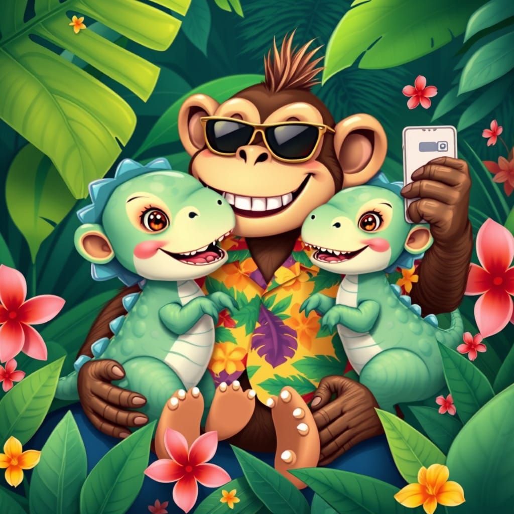 Twin Baby Dinosaurs Snuggle on Monkey Mama's Lap