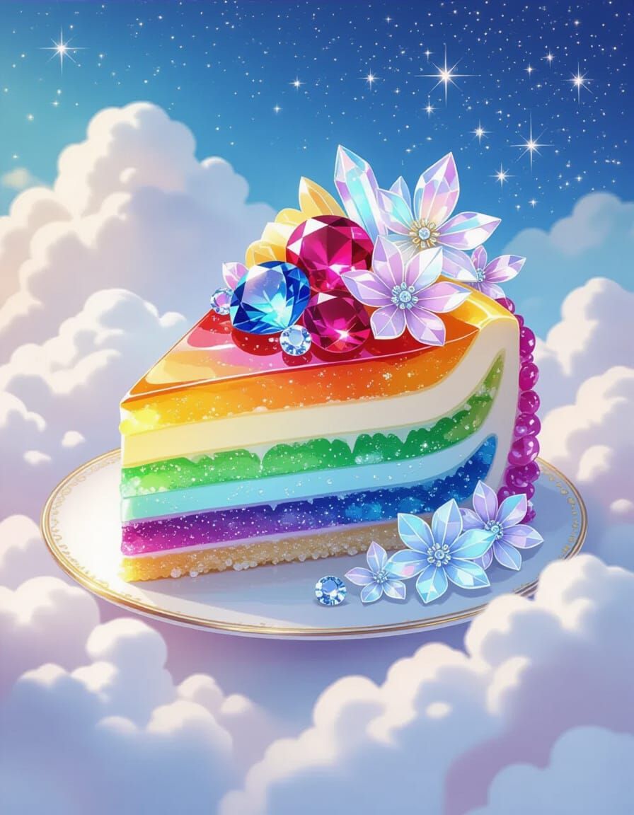 Rainbow Gem Cheesecake with Crystal Flowers, Digital Art