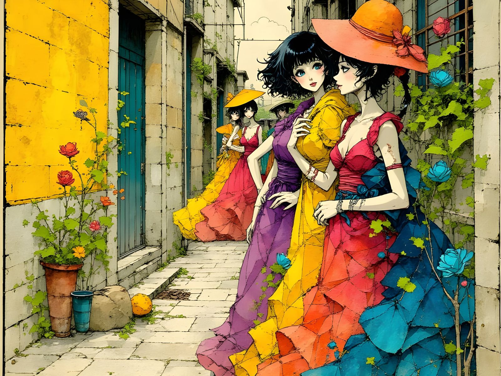 Vibrant Girl Pop Group in Whimsical Art Nouveau Alleyway