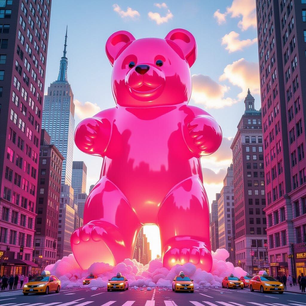 Giant Gummy Bear Devastates New York City in Pop Art Style