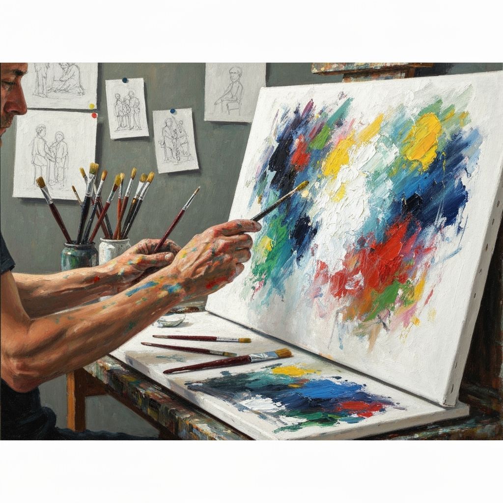 Painter's Hands in Motion, Vibrant Oil Strokes