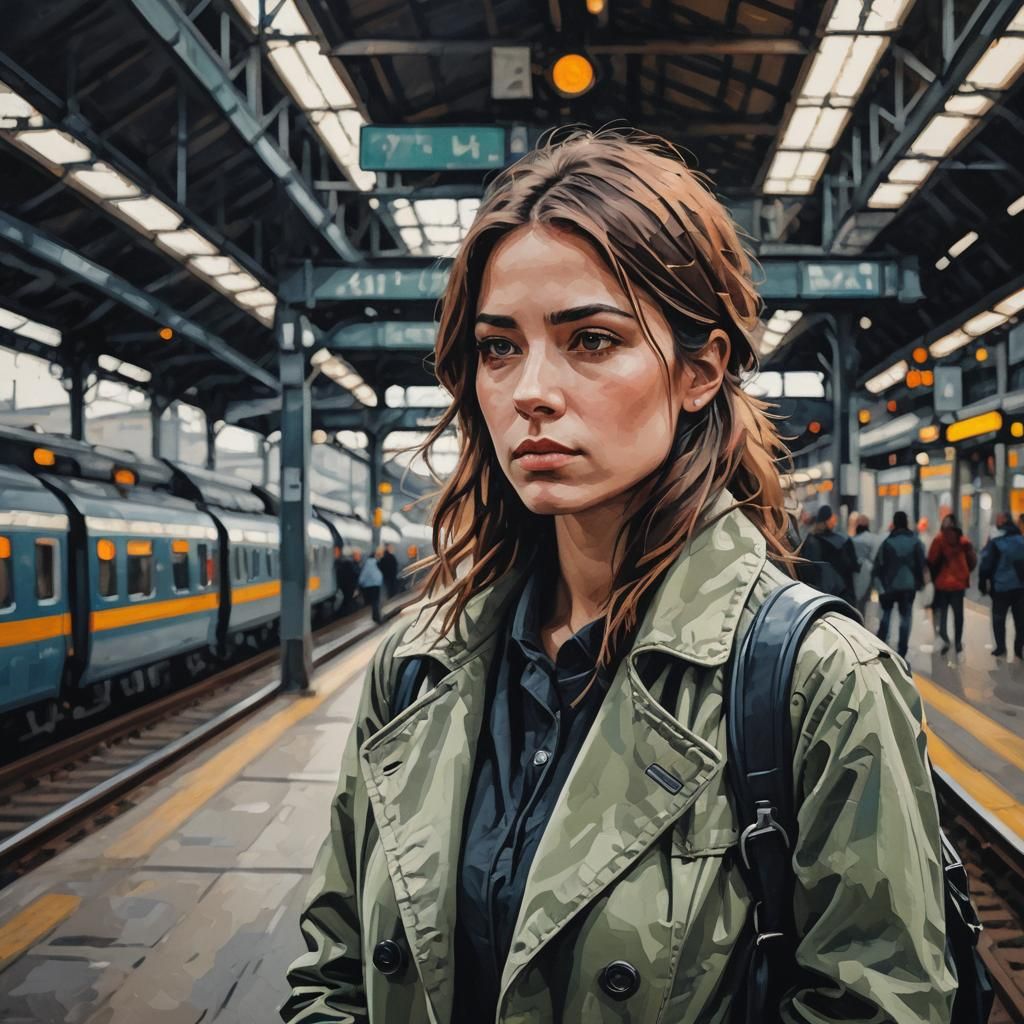 Pensive Woman at Train Station in Abstract Style