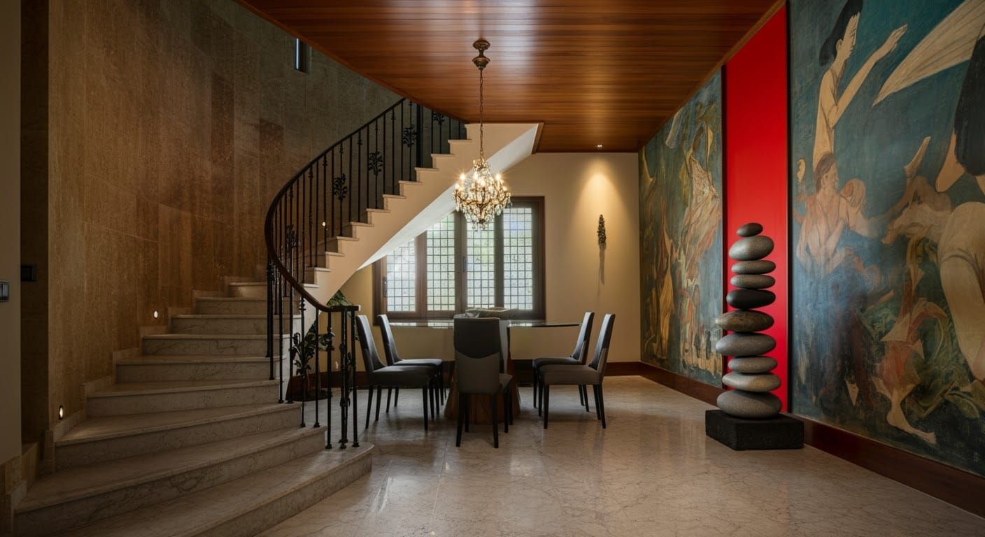 Opulent Interior with Marble Staircase and Sculpture