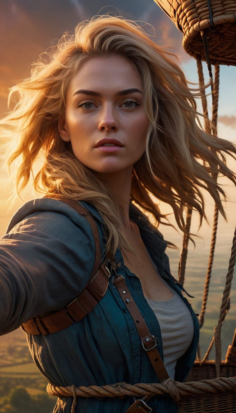 Woman in Hot Air Balloon Basket at Golden Hour