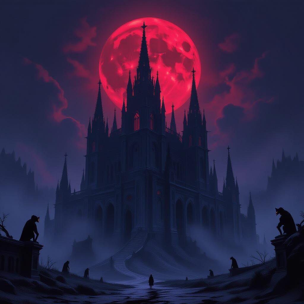 Gothic Cathedral Rises from Foggy Moor Under Blood Moon