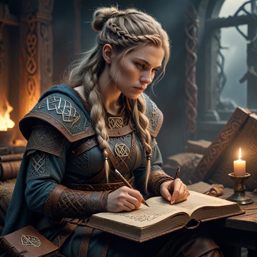 Viking Woman Studying Ancient Runes in Norse Fantasy Art