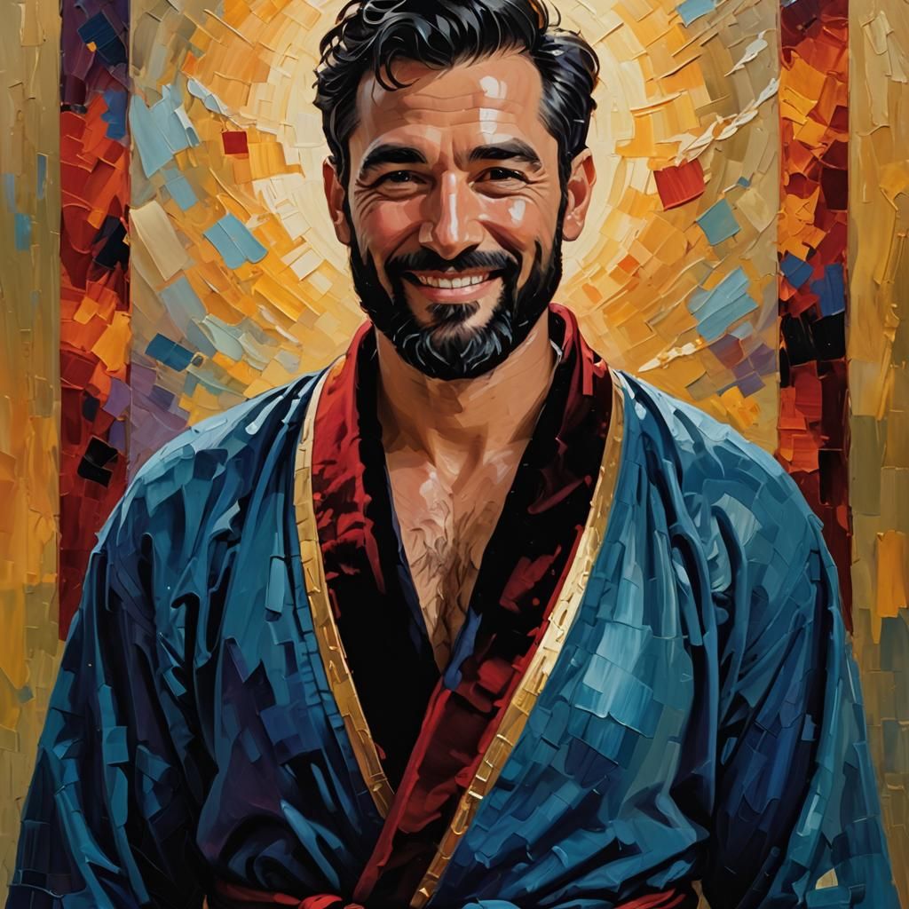Smiling Man in Blue Robe, Impressionist Oil Painting